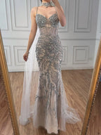 Luxury Evening Dress Grey Beaded With Cape LA73342