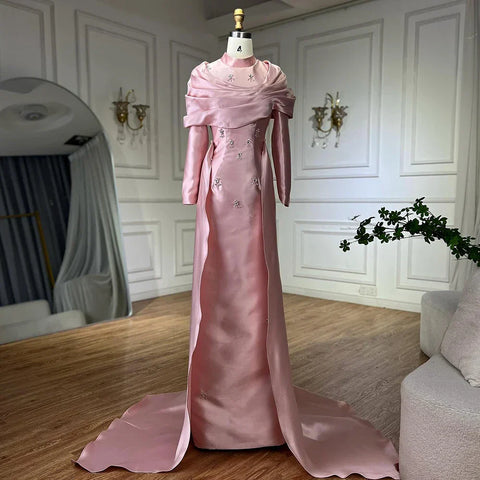 2025 Muslim Blue Mermaid Beaded Satin Luxury Saudi Evening Dress Gown Overlay Skirt for Formal Occasion LA72414M