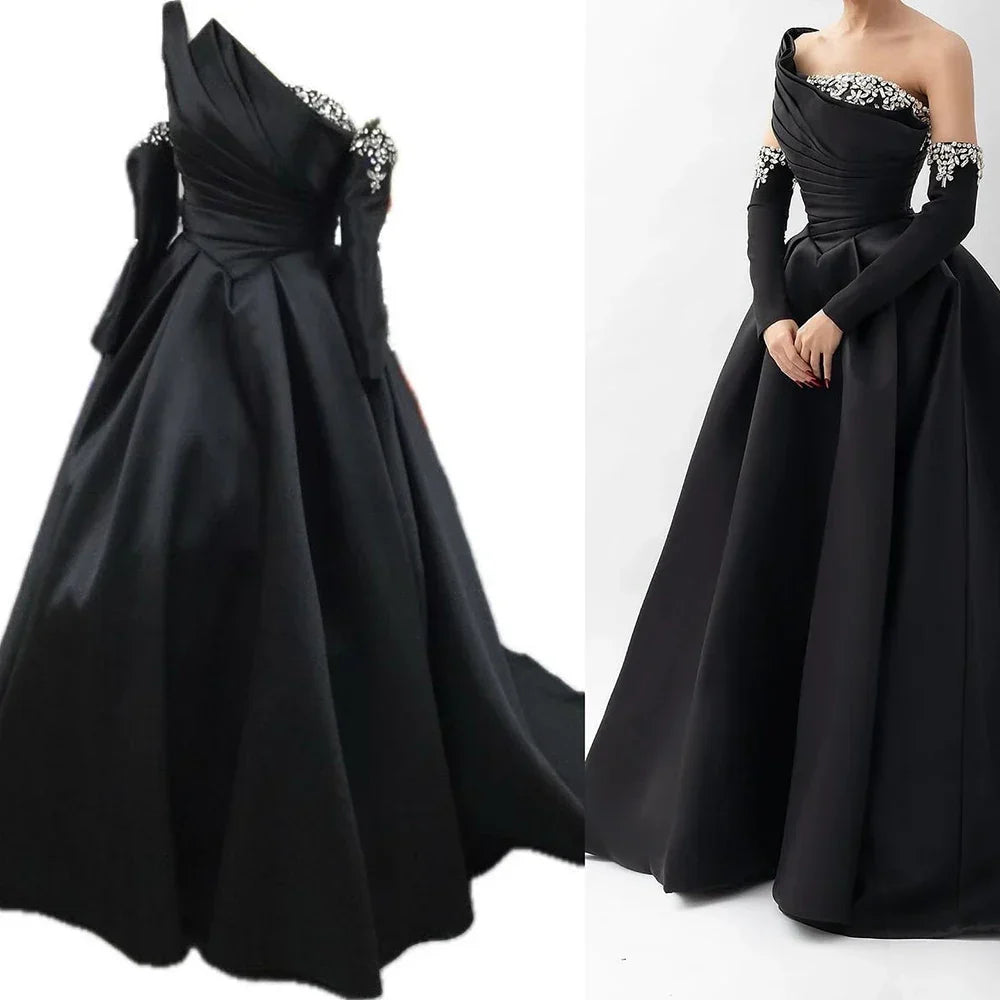 Vestido de noche negro de satén con un solo hombro, corte en A, con cuentas y mangas cortas, modelo LA72741, para mujer. 