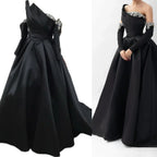 Vestido de noche negro de satén con un solo hombro, corte en A, con cuentas y mangas cortas, modelo LA72741, para mujer. 