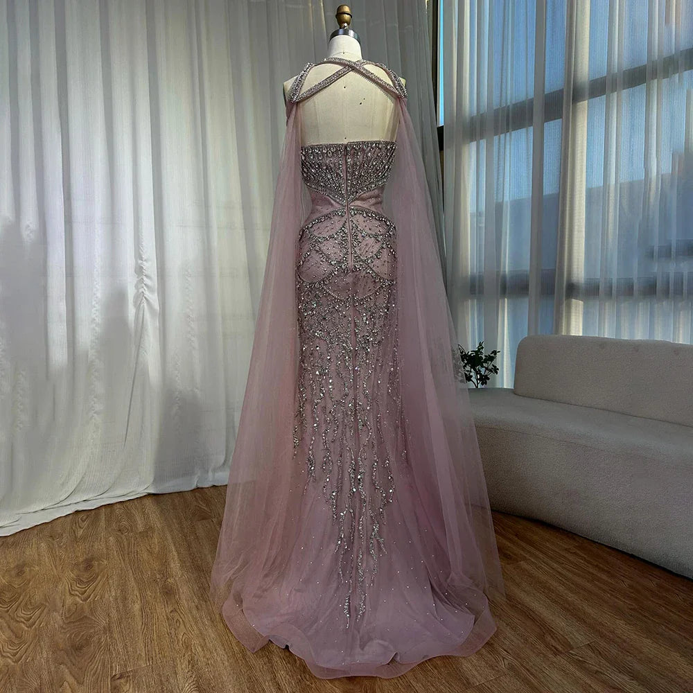 Vestidos de noche árabes con mangas tipo capa color nude y cuentas de cristal para mujer, ideales para bodas y fiestas (LA72806) 