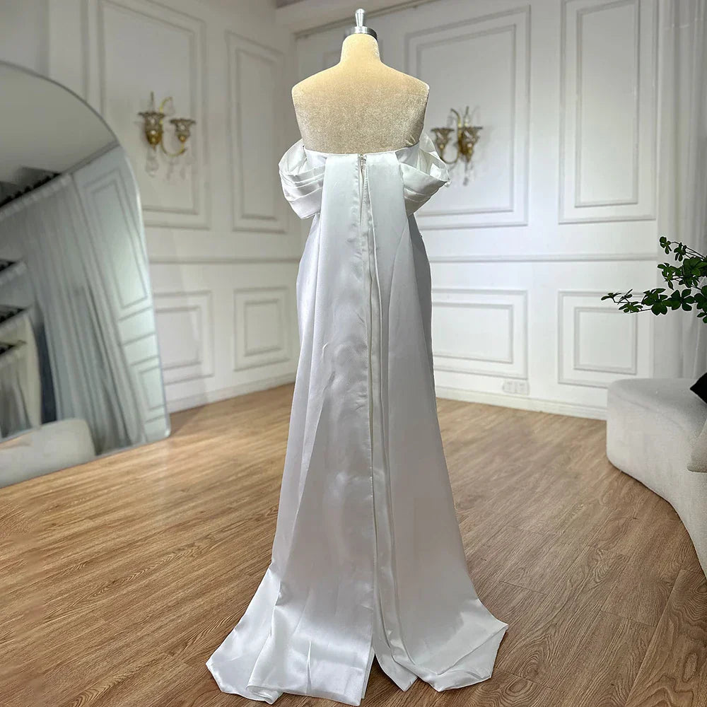 Vestido de noche sirena de satén azul árabe con cuentas de cristal hasta el tobillo, ideal para bodas y fiestas (LA72414A) 
