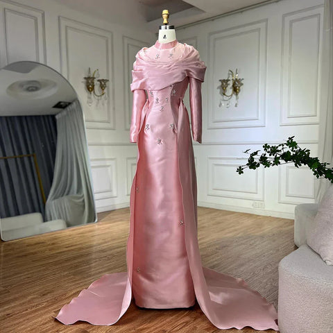 2025 Muslim Blue Mermaid Beaded Satin Luxury Saudi Evening Dress Gown Overlay Skirt for Formal Occasion LA72414M