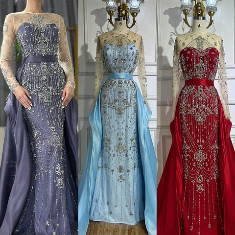 Vestidos de noche de lujo azules con cuentas, de manga larga y sobrefalda LA72757