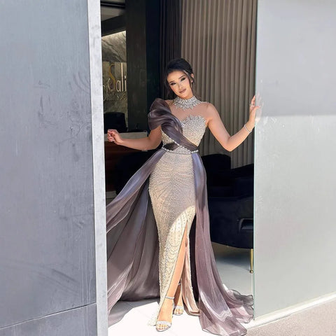 Robe de soirée arabe de luxe perlée avec fente LA72769 