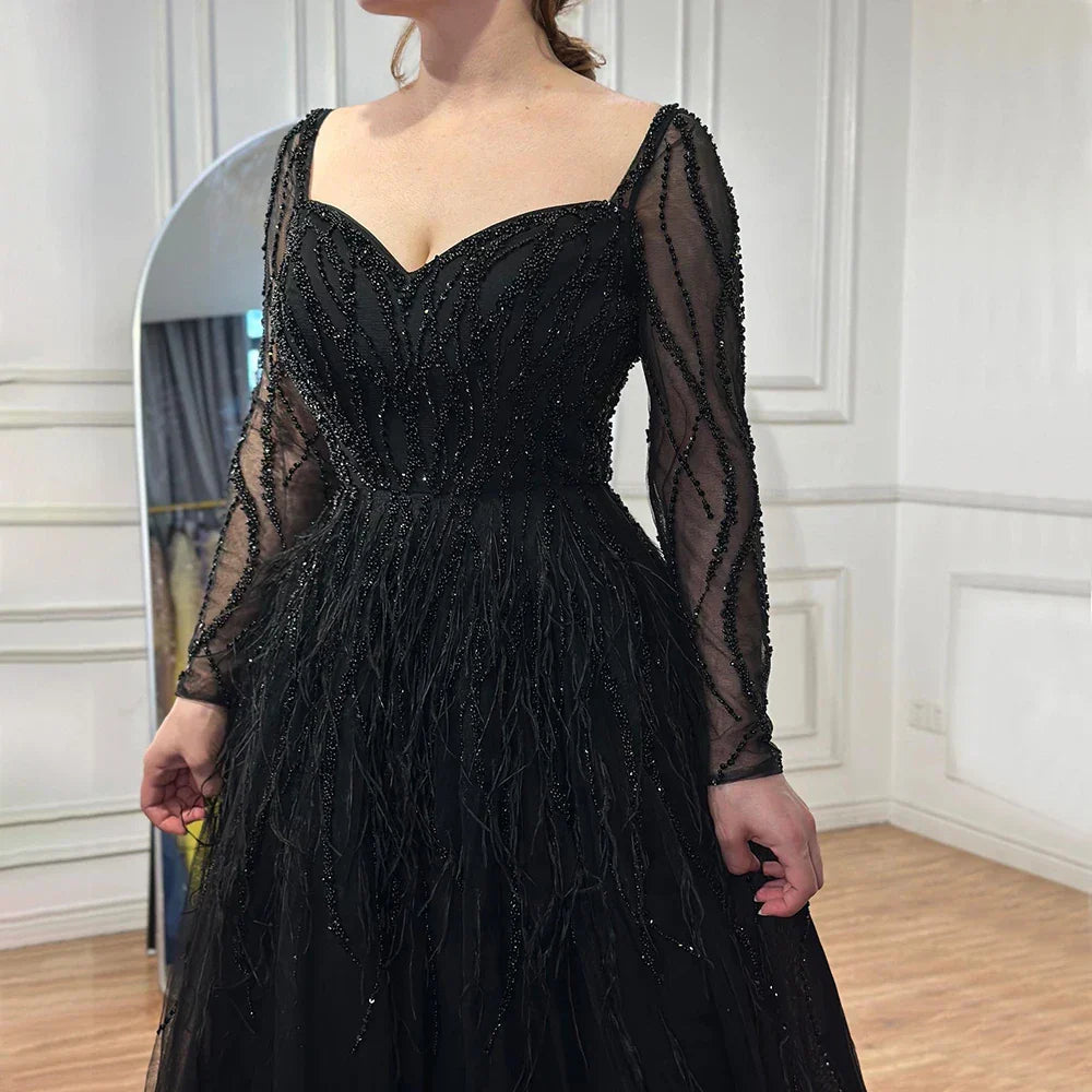 Robe de soirée de luxe arabe en plumes et perles faites à la main 2025 LA71468