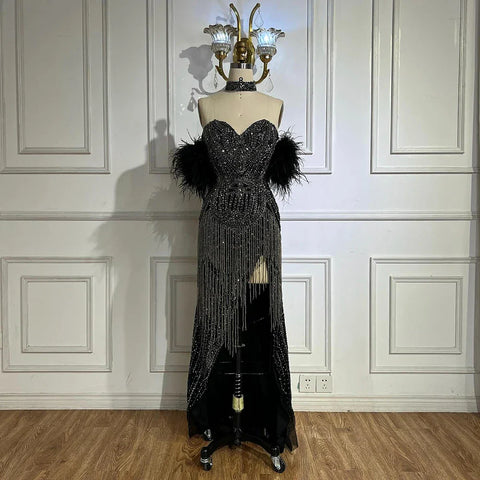 Vestido de noche sexy de sirena, sin tirantes, color nude y plateado, con abertura y borlas de cuentas de lujo para mujer LA72083 