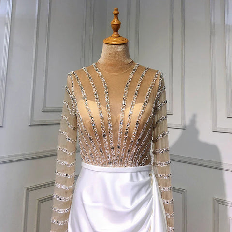 Vestido de noche blanco de manga larga con corte sirena y abertura, diseño 2025, con cuentas, de lujo, elegante para mujer, fiesta LA71531 