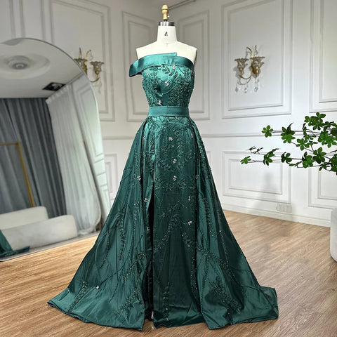 Vestido de noche verde árabe de satén con un solo hombro, bordado con cuentas, sobrefalda y abertura para ocasiones formales LA72178 