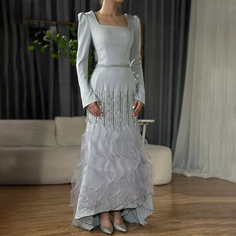 Robe de soirée élégante style sirène grise, longueur cheville, en satin perlé, luxueuse, pour femme, modèle 2025, LA72317 