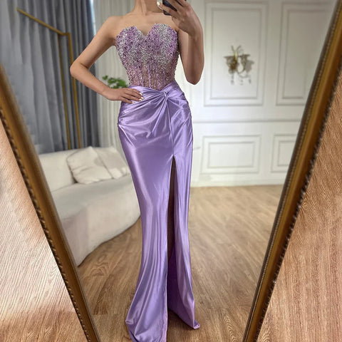 Luxury Dubai Lilac Split Strapless Mermaid Beaded Arabic Evening Dresses Gowns for Women Wedding Party 2025 LA72329
