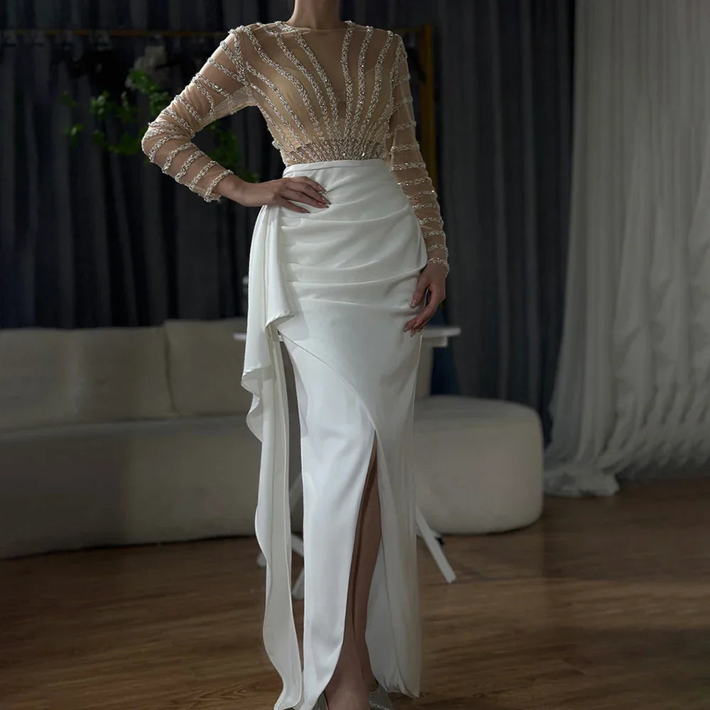White Long Sleeves Mermaid Split Evening Dresses Design 2025 Beaded Luxury Elegant For Women Party LA71531