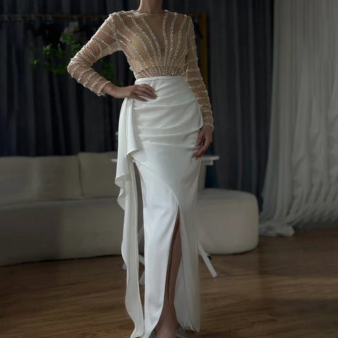 Vestido de noche blanco de manga larga con corte sirena y abertura, diseño 2025, con cuentas, de lujo, elegante para mujer, fiesta LA71531 