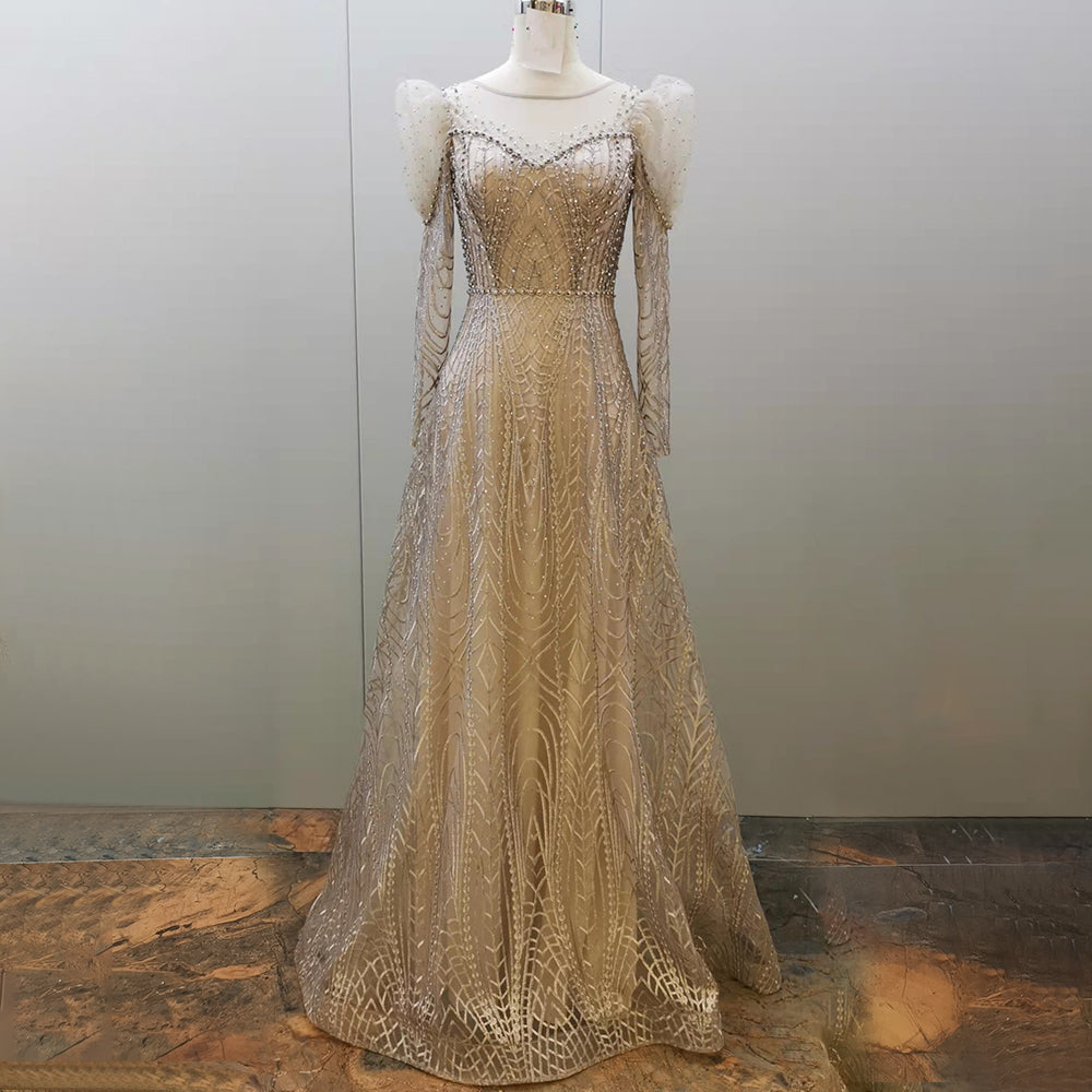 Gold Beaded Muslim Evening Dresses Gowns 2025 Luxury A-Line Puff Sleeve For Women Party LA71657
