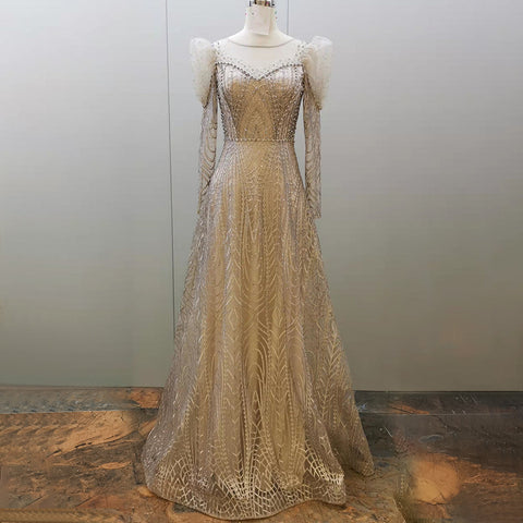Gold Beaded Muslim Evening Dresses Gowns 2025 Luxury A-Line Puff Sleeve For Women Party LA71657