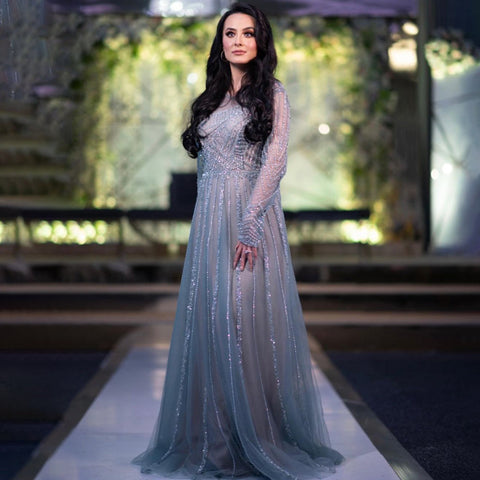 Luxury Turquoise nude A-Line Evening Dresses Gowns 2025 Long Sleeves Beaded Elegant For Women Party LA71659