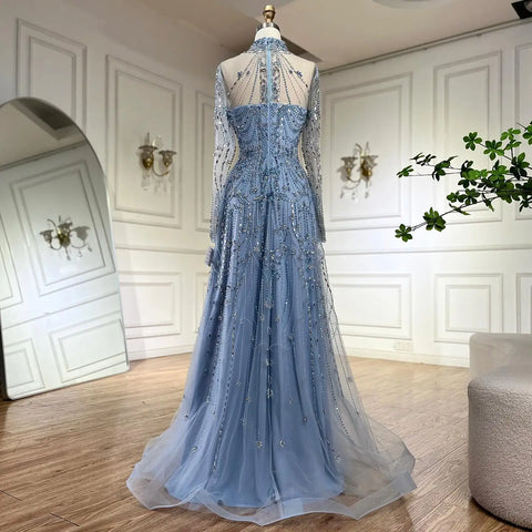 Robe de soirée de luxe style arabe, coupe trapèze, en dentelle bleue et perles, pour femme, Dubaï, LA72704, 2025