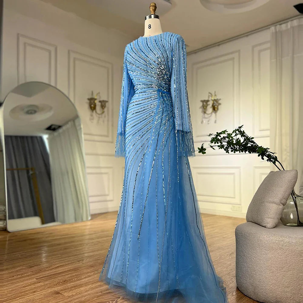 Vestidos de noche saudíes elegantes de color azul con cuentas, estilo árabe, para ocasiones formales (LA72822)