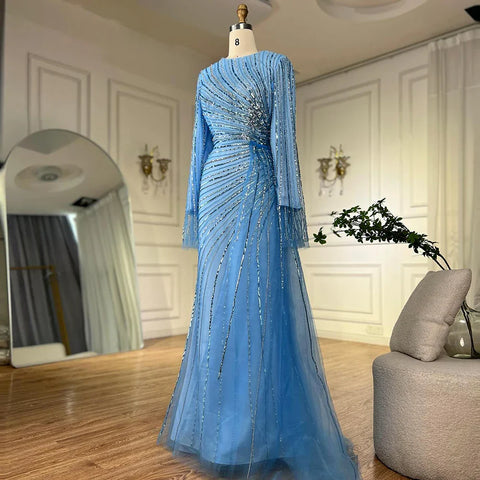 Robe de soirée élégante arabe saoudienne à perles bleues, 2025, pour une occasion formelle, LA72822
