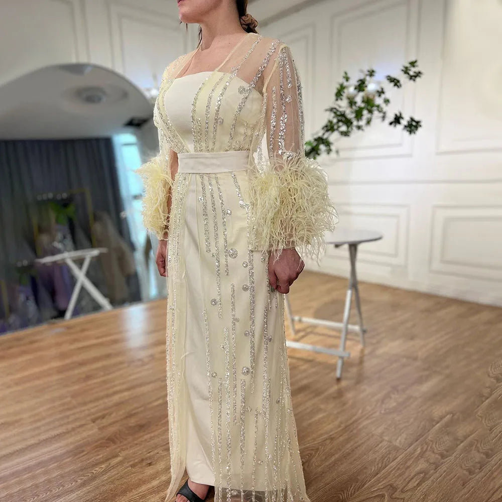 Beaded Feathers A Line Cream Caftan Marocain Femme  Evening Dresses  Arabic  With Jacket   Gown For Party LA71759