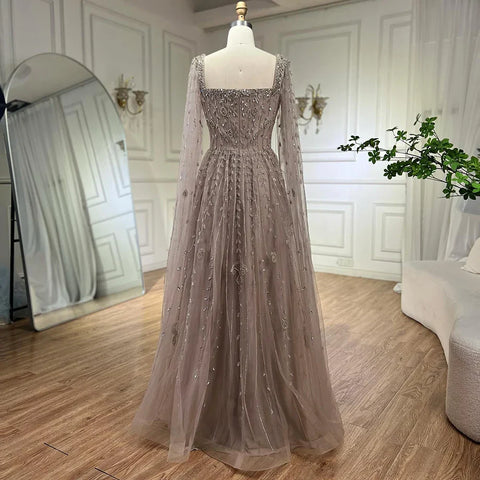 Muslim Caramel Beaded A-Line Luxury Evening Dress Gown with Cape Sleeves LA71803A