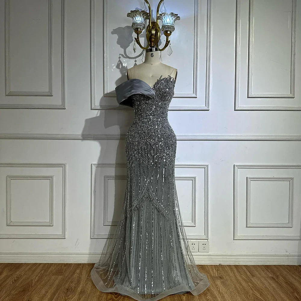 Vestido de noche largo, elegante, verde, estilo sirena, con un solo hombro y cuentas, estilo árabe, para ocasiones formales LA72650 