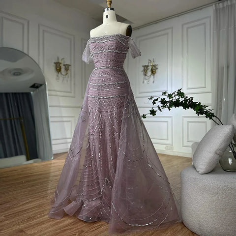 Vestido de noche de sirena rosa árabe con cuentas y sobrefalda de satén desmontable para ocasiones formales LA72781 