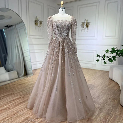Dusty Pink Long Sleeves Dubai Luxury Evening Dresses  Gowns For Party LA71915