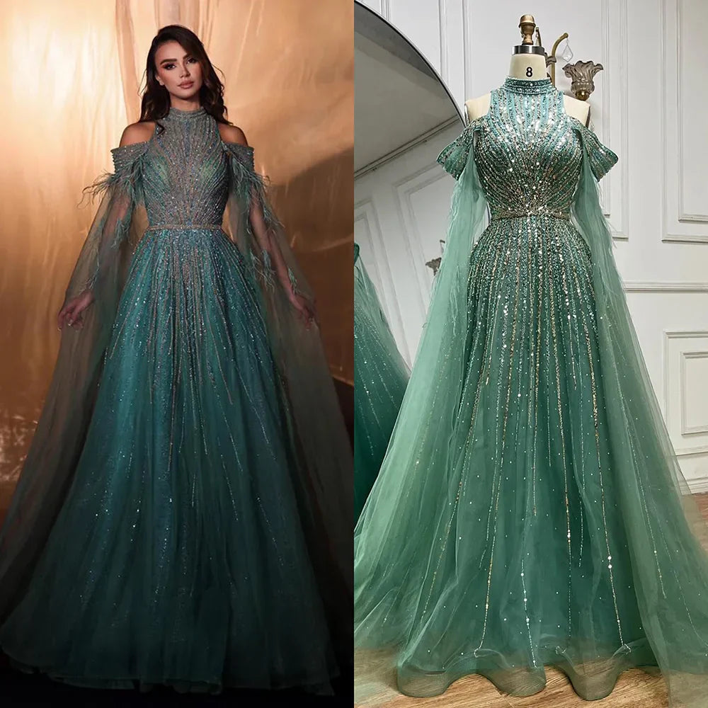 Vestido largo de noche corte A con mangas capa, bordado de plumas y cuentas, estilo árabe turquesa, para mujer, ideal para bodas y fiestas (LA72644)