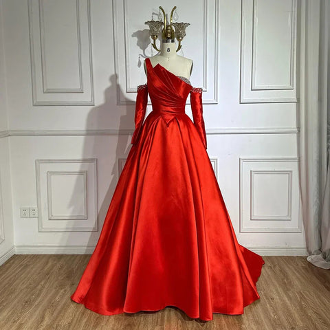 2025 Black One Shoulder Satin A Line Beaded Evening Gown with Sleevelets for Women's Party Saudi Dress LA72741