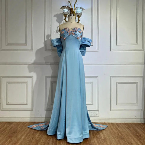 Vestido de noche árabe azul sin tirantes con cuentas, corte en A, estilo saudí, para ocasiones formales LA72792 