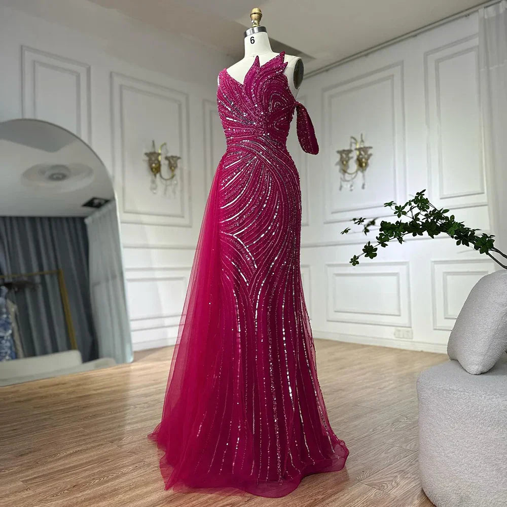 Vestido de noche largo, elegante, de sirena, rosa árabe, con un solo hombro y cuentas, ideal para ocasiones formales (LA72662A) 