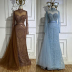 Vestido de noche árabe de sirena color caramelo con cuentas y sobrefalda lateral para ocasiones formales LA71913A (2025) 