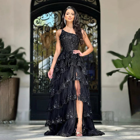 Robe de bal élégante noire style arabe, asymétrique, fendue sur le côté, en dentelle, luxueuse, pour femme, LA72647, 2025 
