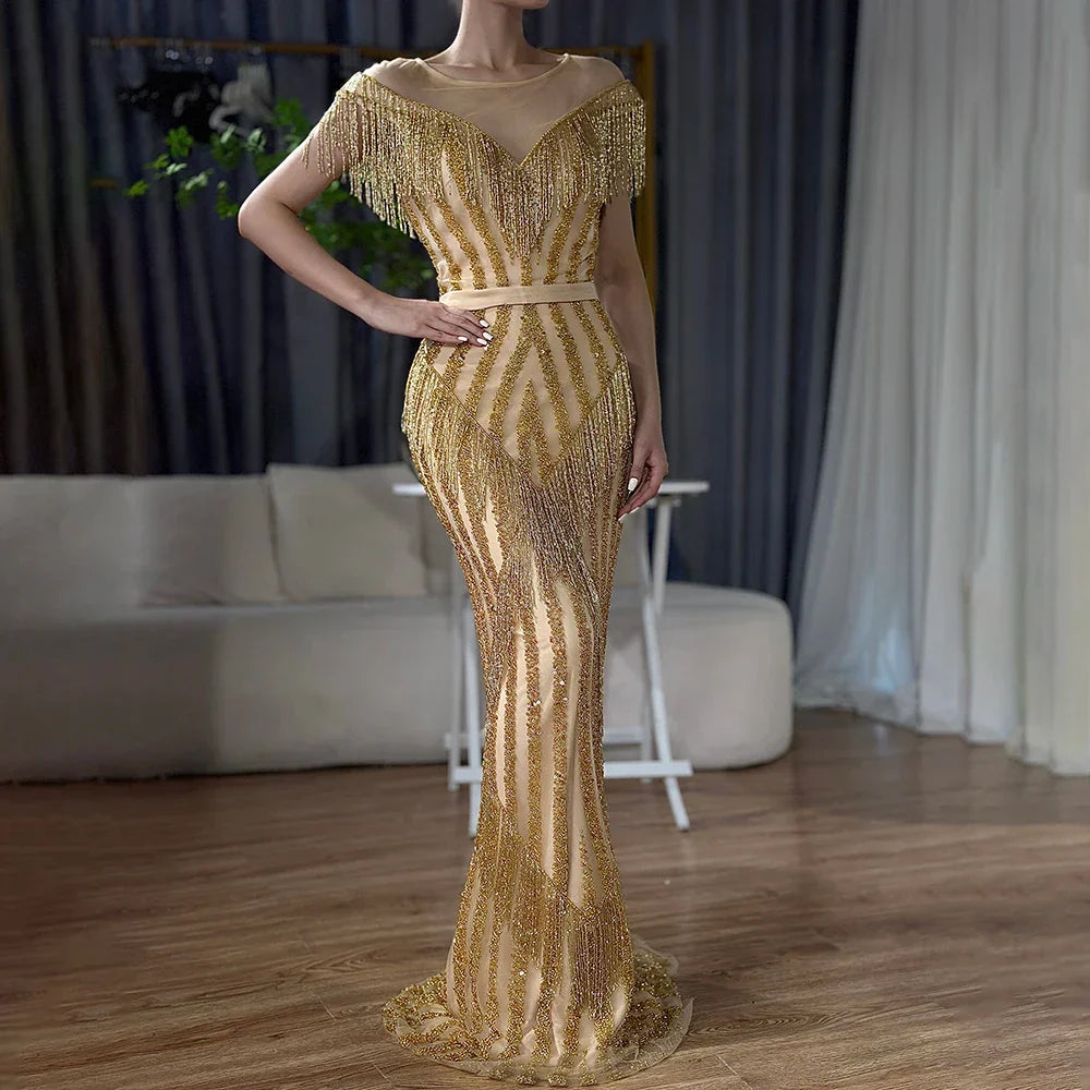 On Sale no return no refundSale Gold Luxury Sleeveless Mermaid Evening Dresses Elegant Sparkle Evening Gowns LA6543