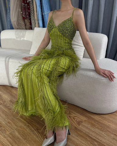 On Sale no return no refund Yellow Green Feathers Mermaid Sundress Evening Gowns Beaded Ankle Length Party Drsses 2025 For Women LA72055