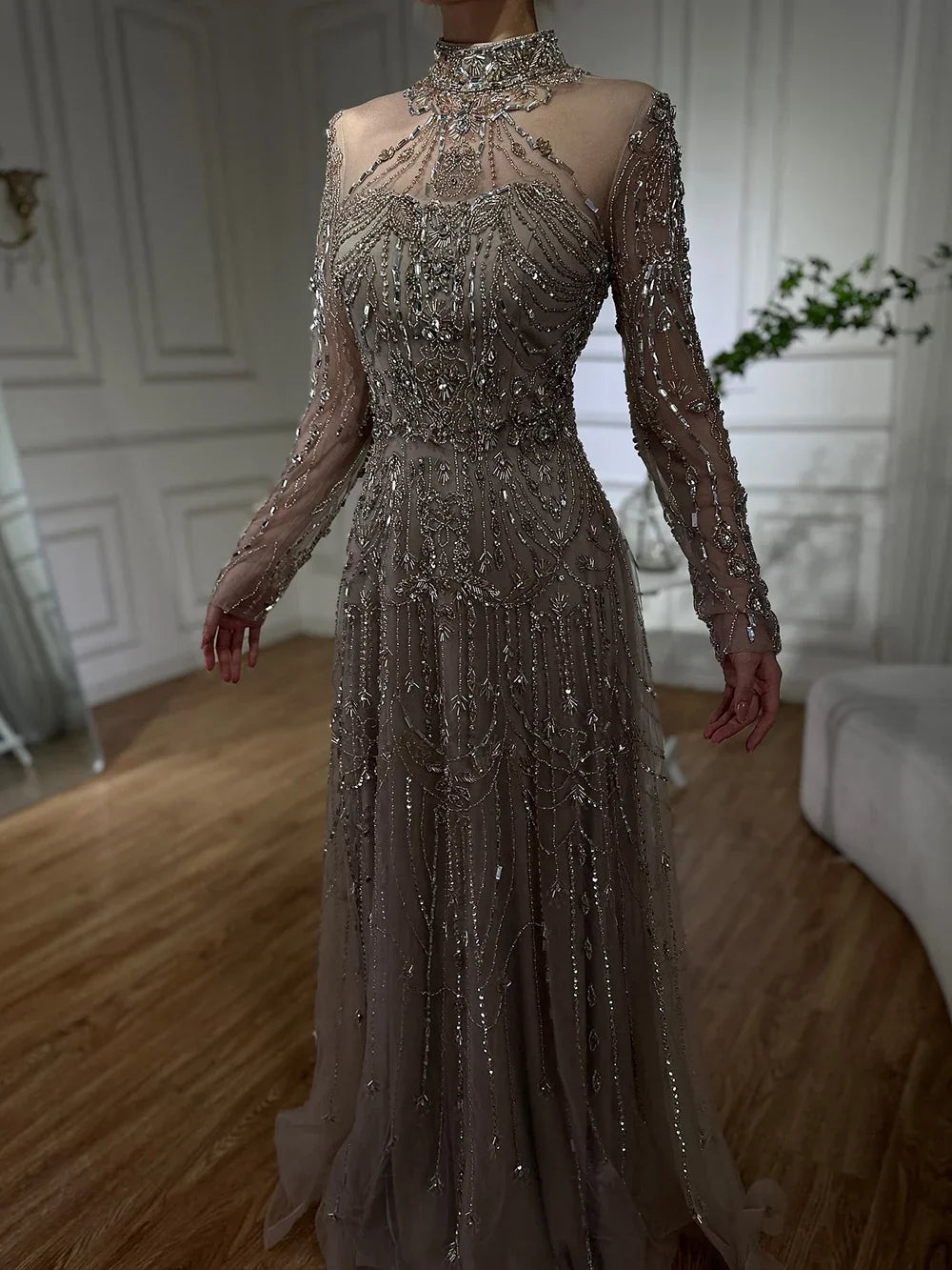 Vestidos de noche de lujo árabes de corte A, encaje azul y cuentas, para mujer, ideales para fiestas en Dubái (LA72704) 
