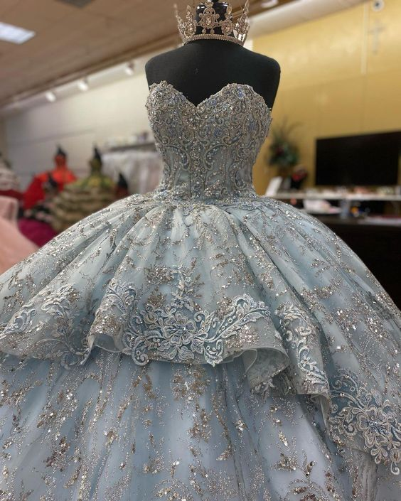 Vestido de quinceañera hecho a mano con flores azul humo, sin mangas, apliques, vestido de baile, dulce 16, modelo Y6294