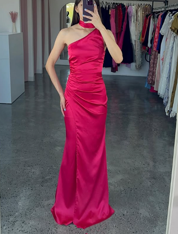 Elegant One Shoulder Hot Pink Satin Sheath Prom Dress Long Evening Dress Y8419