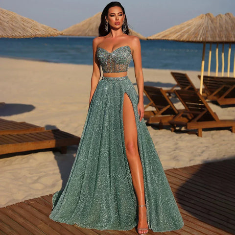 Customize 2025 Saudi Turquoise Strapless Two-Piece Evening Dress with High Split for Formal Occasion LA72786