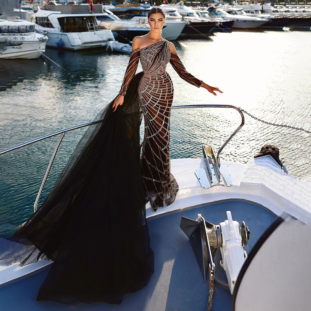 Green Elegant Floor Length Mermaid Sexy One Shoulder Beaded Evening Dresses Luxury Gowns For Woman 2025 LA71894