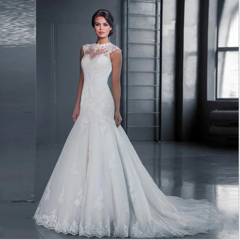 Apliques Vestido De Noiva Vintage espalda descubierta sirena Vestidos De Novia cuello redondo Vestidos De Novia encaje bata De Mariée