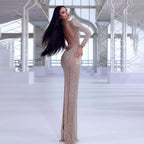 Vestidos de fiesta de boda para mujer en Dubái 2025, color beige, ilusión, encaje, cuentas, corte sirena, vestidos de noche largos LA72343 