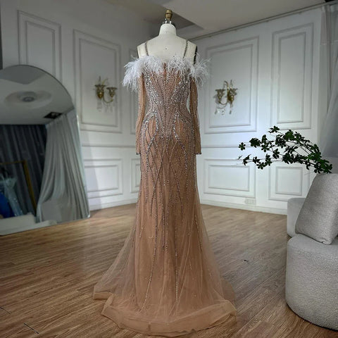 Vestidos de noche de sirena de lujo con plumas azules y cuentas para mujer, ideales para ocasiones formales (LA72836)