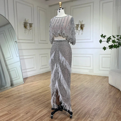 Luxury Dubai White Feathers Two Pieces Evening Dresses LA72098