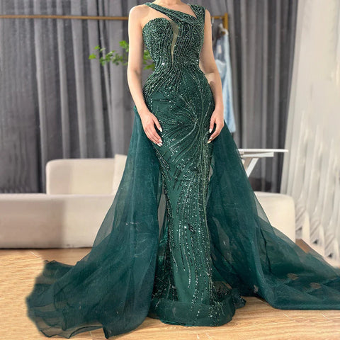 2025 Nude Mermaid Green Evening Gown with Elegant One Shoulder Overskirt for Formal Occasion LA72031A