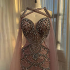 Vestidos de noche árabes con mangas tipo capa color nude y cuentas de cristal para mujer, ideales para bodas y fiestas (LA72806) 