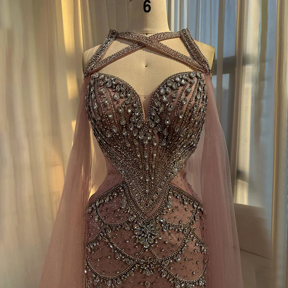 Vestidos de noche árabes con mangas tipo capa color nude y cuentas de cristal para mujer, ideales para bodas y fiestas (LA72806) 