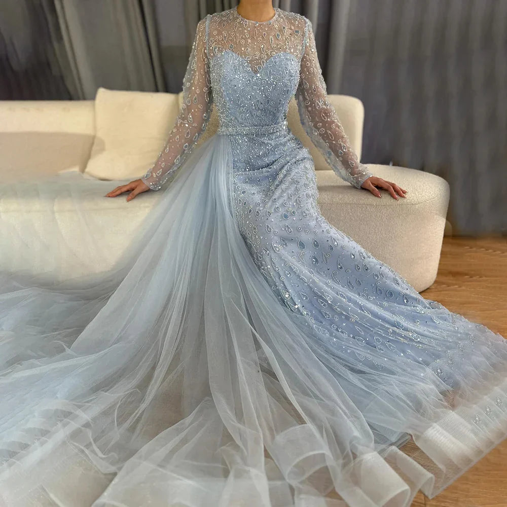 Vestido de noche azul elegante de Arabia Saudita 2025 con sobrefalda lateral con cuentas para ocasiones formales LA72734 