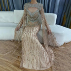 Vestido de noche sirena color nude 2025 con mangas de capa desmontables con cuentas de cristal, ideal para ocasiones formales LA72539 